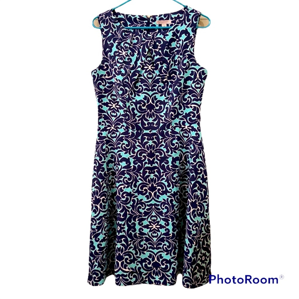 CB Casual Dress Fit and Flare Navy light blue white sleeveless WM SZ 10 pleated